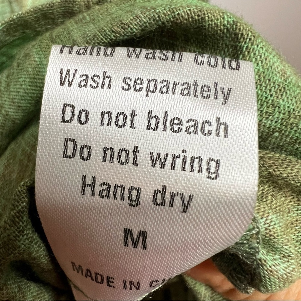 On You | Linen Tiered Tie Dye Mini Dress Babydoll Cuff Sleeve Bamboo Green Sz L - Picture 8 of 15